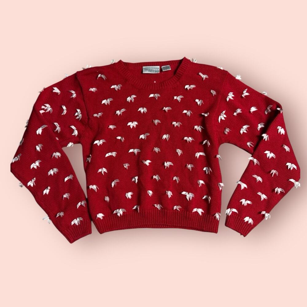 Vintage Bow Sweater Red White Coquette Medium Nordstrom Preppy 90s Kawaii Shoujo